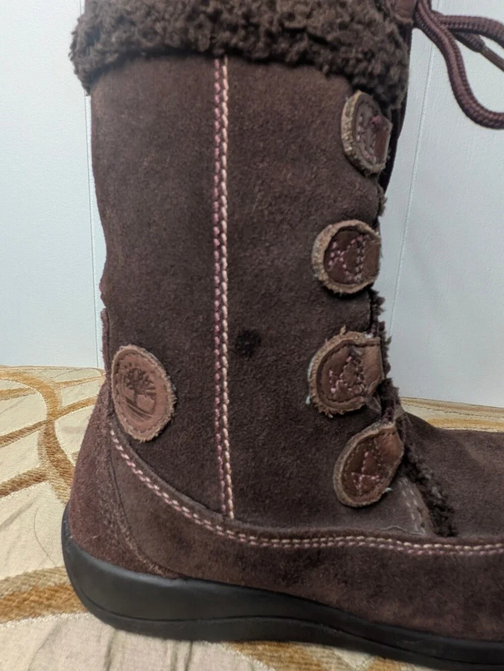 Timberland Girl’s Brown Suede Leather Lace-Up Boots Pink Accent Stitching Size 2